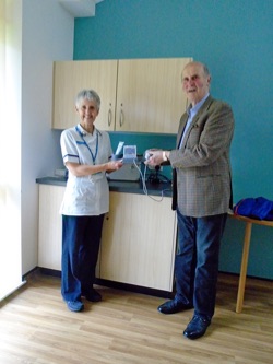 Presentation of Portable Bladder Scanner to Sally Quilley by Julian l'Anson, Chairman of the Friends